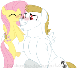 Size: 1280x1139 | Tagged: safe, artist:ipandacakes, character:bulk biceps, character:fluttershy, species:pony, ship:flutterbulk, blushing, female, holding a pony, male, nuzzling, shipping, simple background, straight, transparent background