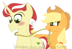 Size: 1024x709 | Tagged: safe, artist:ipandacakes, character:applejack, character:flim, ship:flimjack, female, lasso, male, mouth hold, rope, shipping, simple background, straight, transparent background