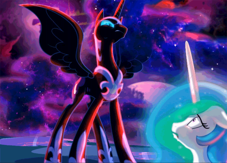Size: 750x539 | Tagged: safe, artist:equum_amici, artist:light262, artist:lummh, character:nightmare moon, character:princess celestia, character:princess luna, species:alicorn, species:pony, comic:timey wimey, absurd file size, absurd gif size, animated, cinemagraph, color porn, comic, ethereal mane, female, gif, magic, open mouth, restrained, trembling