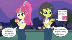 Size: 5760x3240 | Tagged: safe, artist:razethebeast, character:sour sweet, oc, oc:pauly sentry, equestria girls:friendship games, g4, my little pony: equestria girls, my little pony:equestria girls, absurd resolution, cellphone, clothing, dialogue, duo, duo female, equestria girls-ified, female, freckles, gift art, pants, phone, shirt, speech bubble, texting