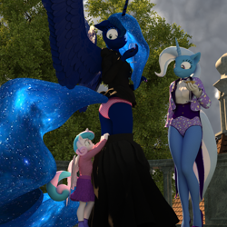 Size: 1750x1750 | Tagged: safe, artist:tahublade7, character:princess flurry heart, character:princess luna, character:trixie, species:alicorn, species:anthro, species:plantigrade anthro, species:pony, 3d, assisted exposure, clothing, daz studio, embarrassed, embarrassed underwear exposure, female, magician outfit, panties, pantsing, pink underwear, polka dot underwear, skirt, skirt pull, skirt pulled down, tailcoat, tuxedo, underwear