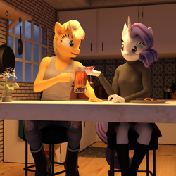 Size: 2000x2000 | Tagged: safe, artist:tahublade7, character:applejack, character:rarity, species:anthro, species:plantigrade anthro, ship:rarijack, 3d, alcohol, barstool, beer, boots, cider, clothing, drink, drinking, female, glass, heart, heart print underwear, jeans, kitchen, lesbian, martini, mug, panties, pants, pink underwear, shipping, sitting, skirt, tank top, underwear, upskirt
