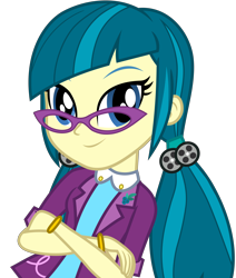 Size: 6452x7592 | Tagged: safe, artist:pink1ejack, official, character:juniper montage, equestria girls:movie magic, g4, my little pony: equestria girls, my little pony:equestria girls, spoiler:eqg specials, absurd resolution, baubles, blue background, bracelet, clothing, crossed arms, female, glasses, hair tie, jewelry, lapel pin, looking at you, pigtails, shirt, simple background, smiling, solo, transparent background, twintails, vector