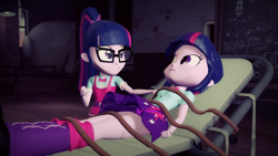 Size: 1920x1080 | Tagged: safe, artist:razethebeast, character:twilight sparkle, character:twilight sparkle (scitwi), species:eqg human, my little pony:equestria girls, 3d, breasts, clothing, duo, experiment, female, glasses, leg warmers, ponytail, shoes, skirt, skirt lift, smiling, source filmmaker, this will not end well, trapped, twolight
