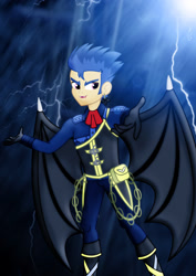 Size: 1600x2263 | Tagged: safe, artist:jucamovi1992, character:flash sentry, my little pony:equestria girls, bat wings, blood, boots, clothing, cravat, ear piercing, earring, fangs, gloves, jewelry, lightning, looking at you, male, piercing, purple eyes, rain, solo, species swap, vampire