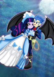 Size: 1600x2263 | Tagged: safe, artist:jucamovi1992, character:flash sentry, character:twilight sparkle, ship:flashlight, my little pony:equestria girls, bat wings, blushing, boots, clothing, dress, ear piercing, earring, fangs, female, gloves, jewelry, looking at you, male, moon, piercing, purple eyes, shipping, species swap, straight, vampire