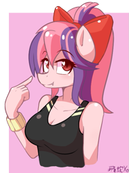 Size: 457x614 | Tagged: safe, artist:puetsua, oc, oc only, oc:sweet velvet, species:anthro, bow, clothing, colored pupils, fangs, female, hair bow, looking at you, pink background, ponytail, signature, simple background, smiling, solo, tank top