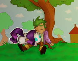 Size: 1280x1011 | Tagged: safe, artist:bigdad, artist:cabrony, edit, character:rarity, character:spike, species:human, species:pony, ship:sparity, both cutie marks, clothing, color edit, colored, cute, dock, female, grass, human spike, human to pony, humanized, male, shipping, sleeping, straight, transformation, tree