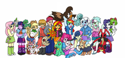 Size: 1280x592 | Tagged: safe, artist:jolliapplegirl, character:applejack, character:bon bon, character:fluttershy, character:lyra heartstrings, character:pinkie pie, character:rainbow dash, character:rarity, character:sunset shimmer, character:sweetie drops, character:trixie, character:twilight sparkle, oc, my little pony:equestria girls, boots, clothing, cowboy boots, cowboy hat, crossover, denim skirt, elgyem, floette, hat, herdier, high heel boots, hoodie, jacket, jewelry, kirlia, kricketune, leather jacket, leg warmers, lunatone, mane six, pansage, pokémon, rotom, shoes, skirt, socks, solrock, staravia, stetson, swirlix, sylveon, totodile