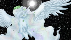 Size: 1600x898 | Tagged: safe, artist:tillie-tmb, oc, oc only, oc:queen aeterna, species:alicorn, species:pony, female, fluffy, magic, mare, solo, space, spread wings, wings