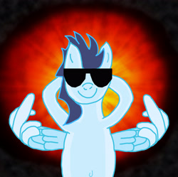 Size: 4056x4032 | Tagged: safe, artist:tacomytaco, character:soarin', species:pegasus, species:pony, absurd resolution, arm behind head, belly button, bipedal, explosion, male, middle feather, middle finger, solo, sunglasses, vulgar, wing hands, wings