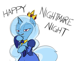 Size: 1500x1232 | Tagged: safe, artist:theparagon, character:trixie, adventure time, blue, clothing, cosplay, costume, crown, grin, ice queen, nightmare night