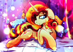 Size: 1920x1358 | Tagged: safe, artist:rariedash, character:sunset shimmer, species:pony, species:unicorn, bed, chest fluff, female, floppy ears, pillow, prone, solo