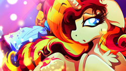 Size: 1920x1080 | Tagged: safe, artist:rariedash, character:sunset shimmer, species:pony, species:unicorn, bed, chest fluff, female, floppy ears, pillow, prone, solo, wallpaper