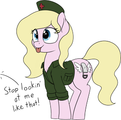 Size: 3065x3053 | Tagged: safe, artist:zippysqrl, oc, oc only, oc:nurse bonesaw, species:earth pony, species:pony, blep, chest fluff, clothing, cute, dialogue, face of evil, face of mercy, female, mare, mlem, nurse outfit, ocbetes, offscreen character, shirt, silly, simple background, smiling, solo, tongue out, transparent background