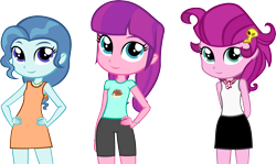 Size: 3994x2383 | Tagged: safe, artist:ironm17, character:lily longsocks, character:petunia paleo, character:strawberry parchment, g4, my little pony:equestria girls, clothing, compression shorts, cute, dress, equestria girls-ified, group, pigtails, ponytail, scarf, shirt, shorts, simple background, skirt, summer dress, t-shirt, tank top, transparent background, vector