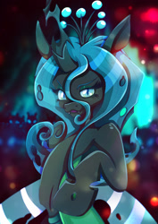 Size: 1358x1920 | Tagged: safe, artist:rariedash, character:queen chrysalis, species:changeling, changeling queen, fangs, female, looking at you, open mouth, raised hoof, slit eyes, smiling, solo