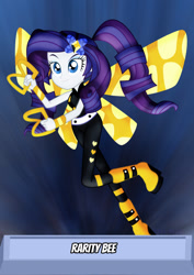 Size: 1024x1448 | Tagged: safe, artist:jucamovi1992, character:rarity, my little pony:equestria girls, alternate hairstyle, boots, bumblebee, crossover, dc comics, dc universe, female, smiling, solo, teen titans, weapon