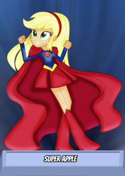 Size: 1600x2263 | Tagged: safe, artist:jucamovi1992, character:applejack, my little pony:equestria girls, app-el, breasts, cape, clothing, crossover, dc comics, dc universe, female, smiling, solo, supergirl