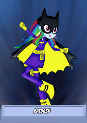 Size: 1600x2263 | Tagged: safe, artist:jucamovi1992, character:rainbow dash, my little pony:equestria girls, batgirl, cape, clothing, costume, crossover, dc comics, dc universe, female, gloves, mask, smiling, solo