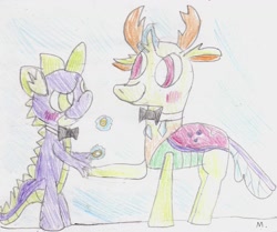 Size: 1691x1414 | Tagged: safe, artist:ptitemouette, character:spike, character:thorax, species:changeling, species:dragon, species:reformed changeling, ship:thoraxspike, bow tie, gay, male, marriage, shipping, traditional art, wedding