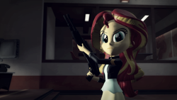 Size: 1920x1080 | Tagged: safe, artist:razethebeast, character:sunset shimmer, my little pony:equestria girls, 3d, clothing, female, gun, looking at you, serious, serious face, shotgun, solo, source filmmaker, spas-12, weapon