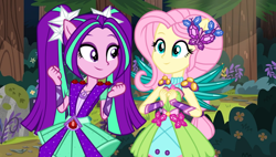 Size: 800x455 | Tagged: safe, artist:3d4d, artist:mixiepie, artist:pink1ejack, character:aria blaze, character:fluttershy, ship:ariashy, equestria girls:legend of everfree, g4, my little pony: equestria girls, my little pony:equestria girls, alternate universe, clothing, crystal wings, female, flutterblaze, forest, lesbian, ponied up, shipping, super ponied up