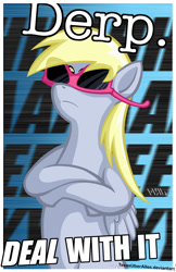 Size: 720x1109 | Tagged: safe, artist:texasuberalles, character:derpy hooves, species:pegasus, species:pony, bipedal, crossed hooves, deal with it, female, frown, impact font, mare, meme, solo, sunglasses, wardrobe misuse