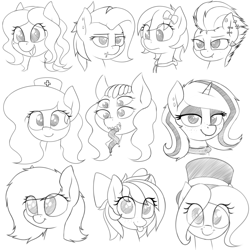 Size: 4000x4000 | Tagged: safe, artist:zippysqrl, oc, oc only, oc:charcoal, oc:four eyes, oc:hattsy, oc:lavender (neighday), oc:lilith, oc:melon frost, oc:nikita, oc:nurse bonesaw, oc:stone, oc:whinny, species:pony, species:unicorn, bow, bust, clothing, collar, ear piercing, earring, eyebrow piercing, eyeshadow, four eyes, frown, grayscale, hair bow, happy, hat, jewelry, lidded eyes, lip piercing, long tongue, looking at you, makeup, monochrome, multiple eyes, nurse hat, open mouth, piercing, simple background, sketch, sketch dump, smiling, smirk, tongue out, top hat, white background