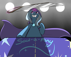 Size: 2500x2000 | Tagged: safe, artist:theparagon, character:trixie, box, box sawing trick, crosscut saw, grin, magic trick, saw, shadow, this will end in death
