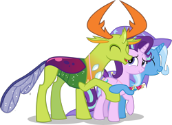 Size: 9500x6922 | Tagged: safe, artist:limedazzle, character:starlight glimmer, character:thorax, character:trixie, species:pony, species:reformed changeling, episode:celestial advice, g4, my little pony: friendship is magic, absurd resolution, cape, clothing, cute, equestrian pink heart of courage, hat, hug, simple background, smiling, thorabetes, transparent background, trixie's cape, trixie's hat, vector