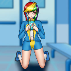 Size: 1200x1200 | Tagged: safe, artist:focusb, character:rainbow dash, species:human, clothing, cute, female, humanized, locker room, looking at you, midriff, phone, selfie, smartphone, smiling, solo