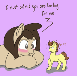 Size: 1912x1895 | Tagged: safe, artist:lou, oc, oc only, oc:louvely, oc:tomson, species:earth pony, species:pony, blushing, dialogue, duo, micro, proud, raised hoof, raised leg, size difference, tiny ponies