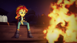 Size: 1920x1080 | Tagged: safe, artist:razethebeast, character:sunset shimmer, my little pony:equestria girls, 3d, boots, campfire, clothing, female, high heel boots, jacket, leather jacket, serious, serious face, sitting, solo, source filmmaker, waterfall