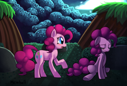 Size: 1105x751 | Tagged: safe, artist:mewball, character:pinkie pie, crying, cute, dual personality, eyes closed, female, floppy ears, forest, frown, open mouth, raised hoof, shadow, sitting, solo, underhoof