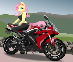 Size: 2353x2000 | Tagged: safe, artist:phucknuckl, character:fluttershy, species:anthro, species:plantigrade anthro, biker chick, boots, breasts, busty fluttershy, clothing, eyeshadow, female, gloves, inkscape, leather pants, makeup, motorcycle, solo, vector, yamaha
