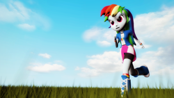 Size: 1920x1080 | Tagged: safe, artist:razethebeast, character:rainbow dash, my little pony:equestria girls, 3d, boots, clothing, cloud, compression shorts, female, grass field, open mouth, raised leg, running, skirt, sky, smiling, socks, solo, source filmmaker, spring, wristband