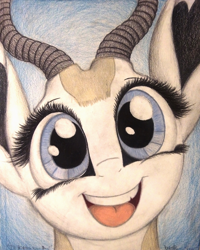 Size: 1040x1300 | Tagged: safe, artist:thefriendlyelephant, oc, oc only, oc:mmiri, animal in mlp form, antelope, big ears, big eyes, bust, close-up, cute, happy, horns, portrait, smiling, solo, springbok, traditional art