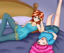 Size: 1024x853 | Tagged: safe, artist:focusb, character:pinkie pie, character:sunset shimmer, my little pony:equestria girls, bed, bedroom, breasts, clothing, duo, female, human coloration, looking at you, one eye closed, open mouth, pants, shorts, smiling, wink