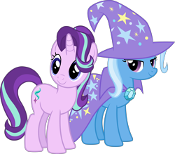 Size: 7762x6813 | Tagged: safe, artist:pink1ejack, character:starlight glimmer, character:trixie, species:pony, species:unicorn, episode:celestial advice, g4, my little pony: friendship is magic, absurd resolution, cape, clothing, duo, female, friends, hat, mare, simple background, smiling, transparent background, trixie's cape, trixie's hat, vector