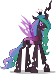 Size: 6800x9000 | Tagged: safe, artist:limedazzle, character:princess celestia, character:queen chrysalis, species:alicorn, species:changeling, species:pony, absurd resolution, alternate universe, changeling queen, colored pupils, crown, fangs, female, fusion, hair over one eye, hissing, horn, insect wings, jagged horn, jewelry, mare, multicolored hair, princess chryslestia, purple changeling, regalia, simple background, solo, transparent background, vector