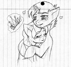 Size: 1213x1148 | Tagged: safe, artist:jolliapplegirl, character:diamond tiara, character:snails, species:earth pony, species:pony, species:unicorn, ship:diamondsnail, female, grayscale, hug, lined paper, male, monochrome, shipping, sketch, snuggling, straight, traditional art