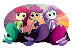 Size: 1654x1185 | Tagged: safe, artist:fj-c, character:apple bloom, character:scootaloo, character:sweetie belle, species:pegasus, species:pony, my little pony:equestria girls, bandeau, belly button, chicken of the sea, cutie mark crusaders, mermaid, mermaidized, midriff, sunset