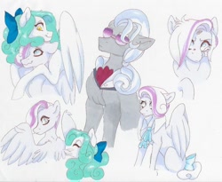 Size: 748x614 | Tagged: safe, artist:frozensoulpony, character:hoity toity, oc, oc:dovely pinup, oc:jade luck, parent:cotton sky, parent:hoity toity, parent:rarity, species:pegasus, species:pony, adopted offspring, bow, female, hair bow, male, mare, offspring, stallion, traditional art