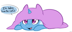 Size: 1086x491 | Tagged: safe, artist:higgly-chan, character:trixie, species:pony, species:unicorn, blanket, cute, dialogue, diatrixes, female, open mouth, prone, simple background, solo, white background