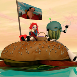Size: 2000x2000 | Tagged: safe, artist:tahublade7, character:twist, species:anthro, species:plantigrade anthro, 3d, boat, boat burger, burger, cheeseburger, clothing, dress, eating, flag, food, gaston, glasses, hamburger, mary janes, mask, ocean, panties, picnic blanket, robot, sail on sailor, sandwich, shoes, skirt, skirt lift, socks, the inner machinations of my mind are an enigma, underwear, upskirt, wat, watermelon