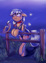 Size: 1537x2116 | Tagged: safe, artist:emberkaese, character:applejack, species:earth pony, species:pony, bandana, bipedal, bipedal leaning, clothing, cute, daisy dukes, female, fence, firefly, floppy ears, jackabetes, leaning, looking up, mare, neckerchief, night, shorts, solo, stars, straw