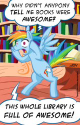 Size: 720x1128 | Tagged: safe, artist:texasuberalles, character:rainbow dash, species:pegasus, species:pony, awesome, bipedal, book, dialogue, female, golden oaks library, library, mare, open mouth, solo, speech bubble