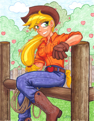 Size: 720x927 | Tagged: safe, artist:texasuberalles, character:applejack, species:human, apple tree, boots, colored pencil drawing, female, fence, grin, humanized, looking at you, marker drawing, rope, sitting, smiling, solo, traditional art, tree