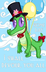 Size: 720x1124 | Tagged: safe, artist:texasuberalles, character:gummy, alligator, balloon, bow, clothing, flower, flying, hat, male, pet, solo, tail bow, top hat